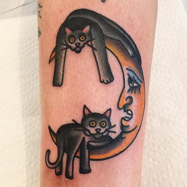 Two cats and moon tattoo