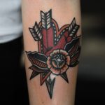 Arrows stabbed heart and flower tattoo