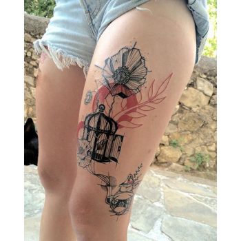Birdcage and flowers tattoo