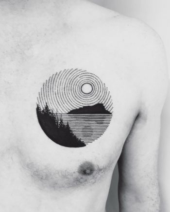 Circular black dashed landscape tattoo