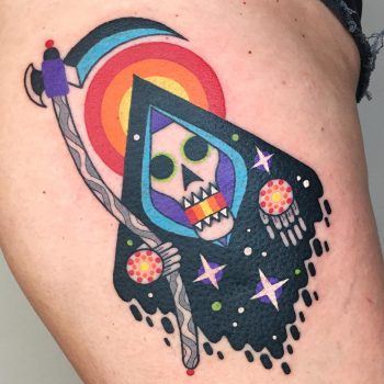 Colorful grim reaper tattoo