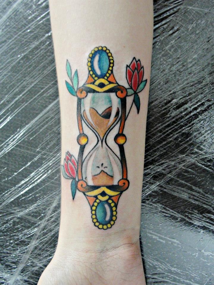 Colorful hourglass tattoo