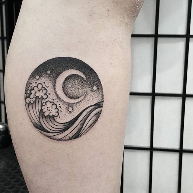 Crescent moon and wave tattoo
