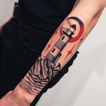 Crescent red moon and lighthouse tattoo
