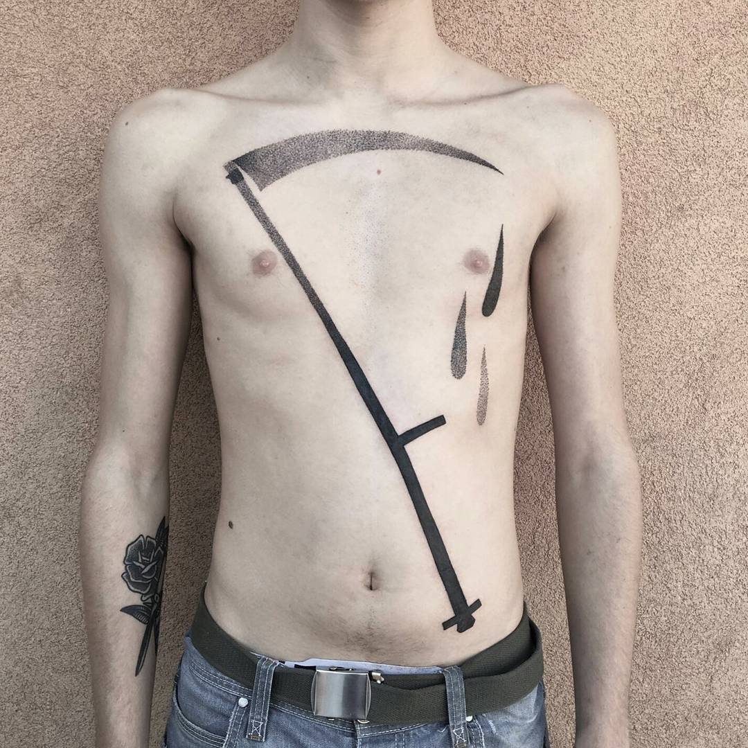 Dotwork scythe tattoo on the front