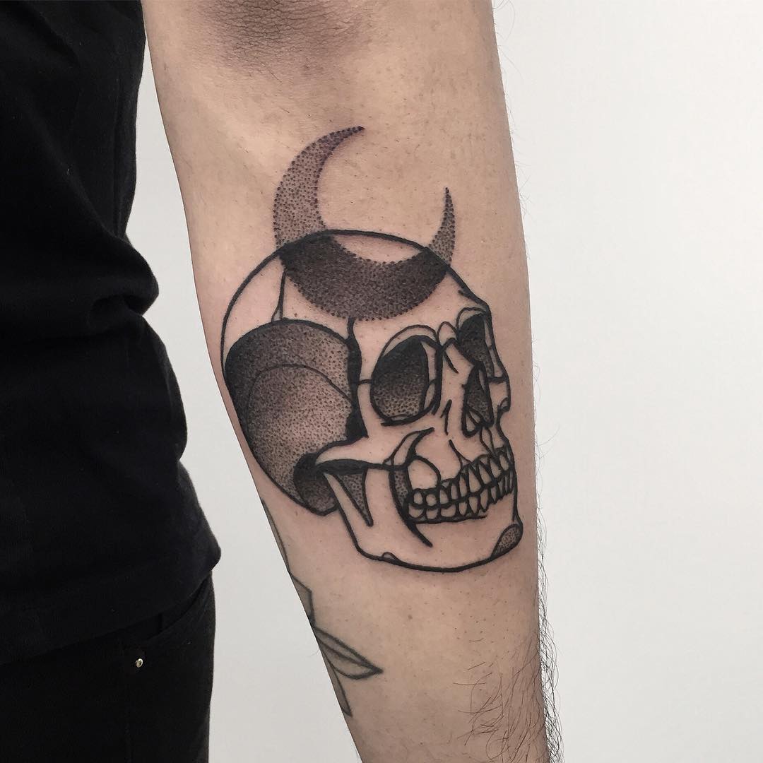 Dotwork skull and crescent moon tattoo