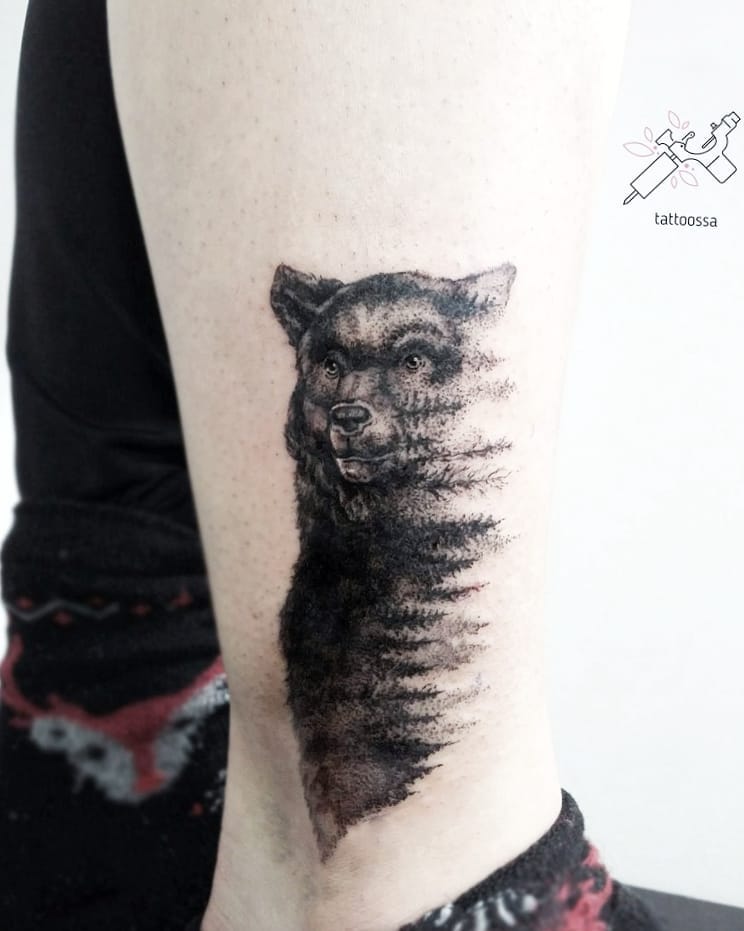 Double exposure bear and trees tattoo 
