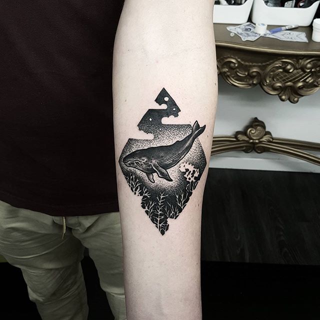 Flying whale tattoo