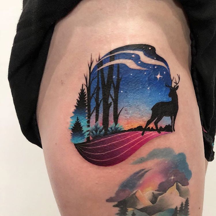 Forest at night and deer tattoo