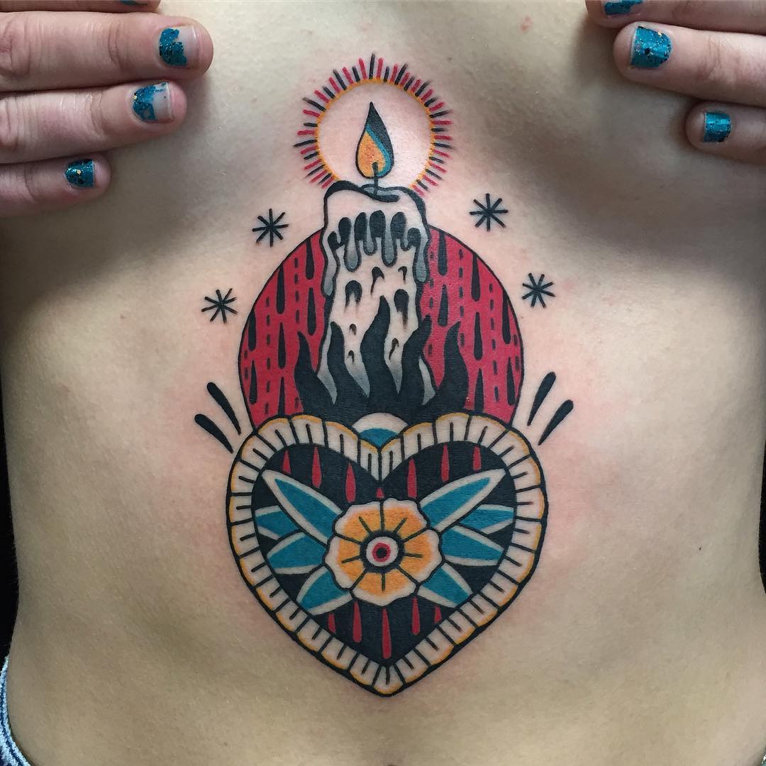 Heart and burning candle tattoo