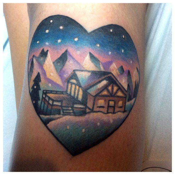 Heart shaped winter landscape tattoo