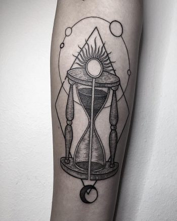 Hourglass and solar system tattoo