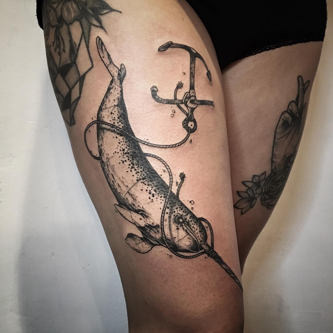 Narwhal and anchor tattoo