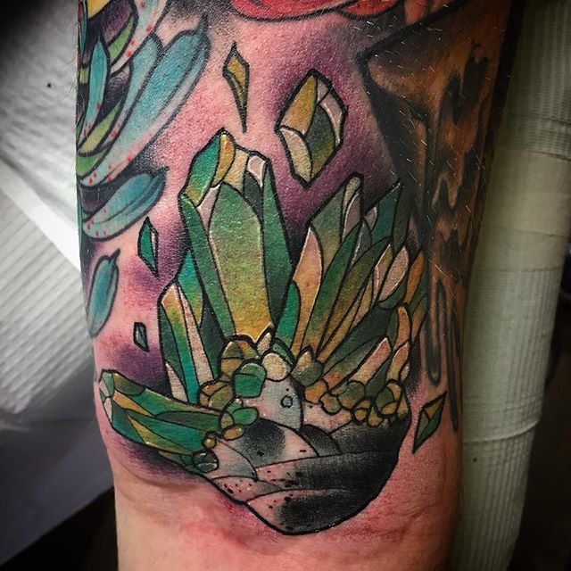 Neo traditional style crystal cluster tattoo