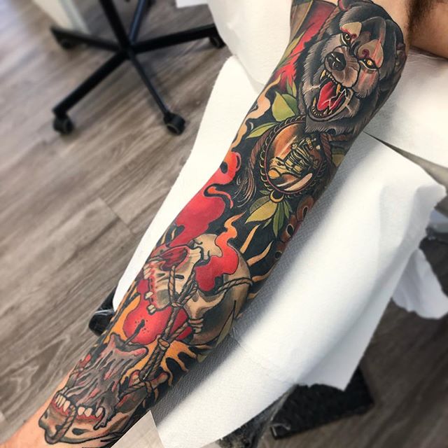 Neo traditional style sleeve tattoo