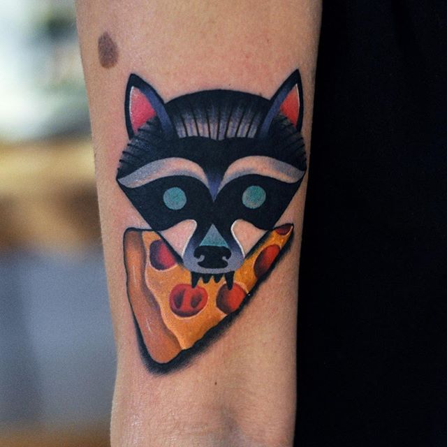 Raccoon and pizza tattoo