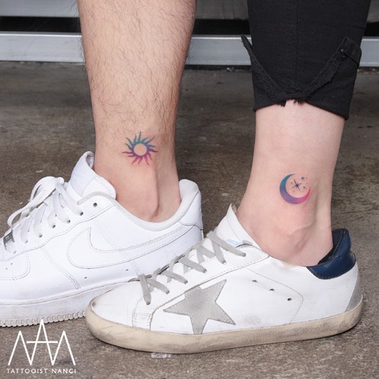 Sun and crescent moon tattoos