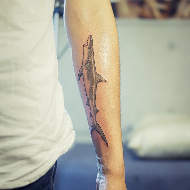 Woodcut shark tattoo