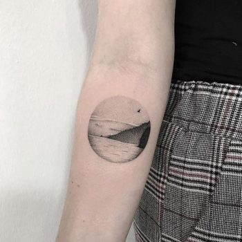 Black and grey landscape tattoo by jessica aaron