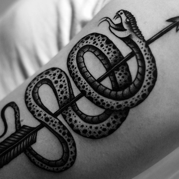 Black arrow stabbed snake tattoo