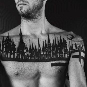 Black medieval city landscape tattoo
