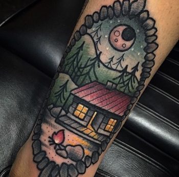Cabin in the mountains tattoo by kevin ray