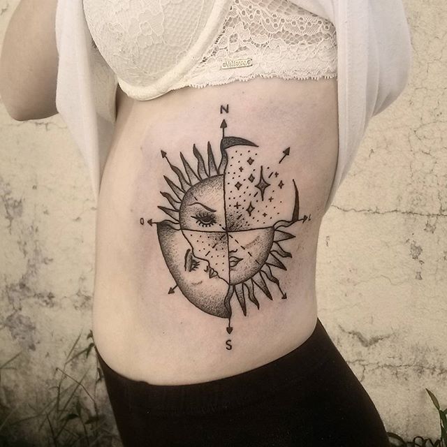 Cardinal direction, sun, and moon tattoo