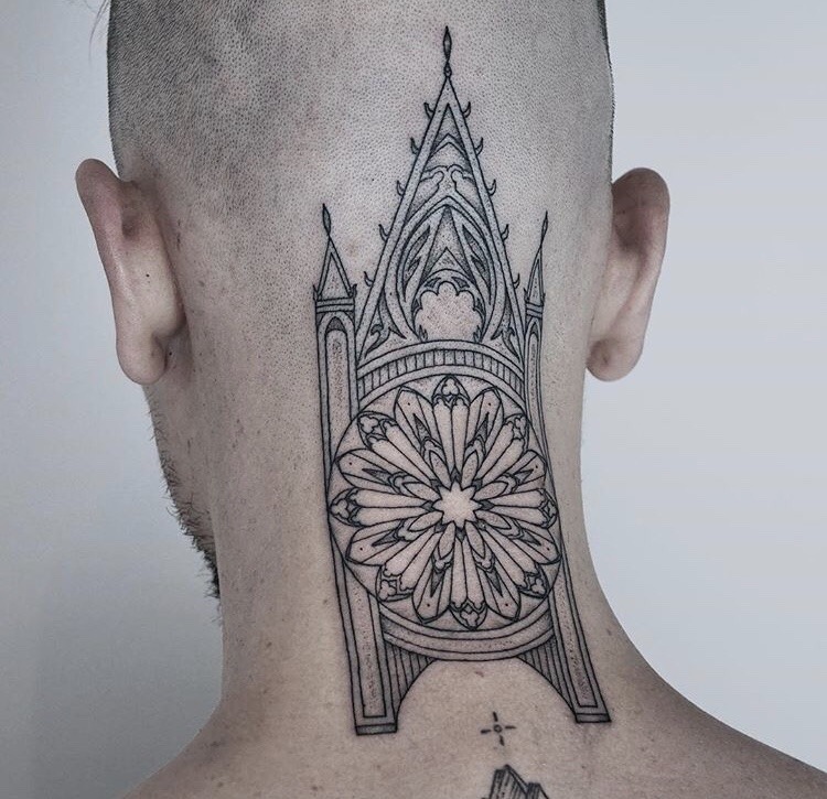 Church tattoo on the neck and head