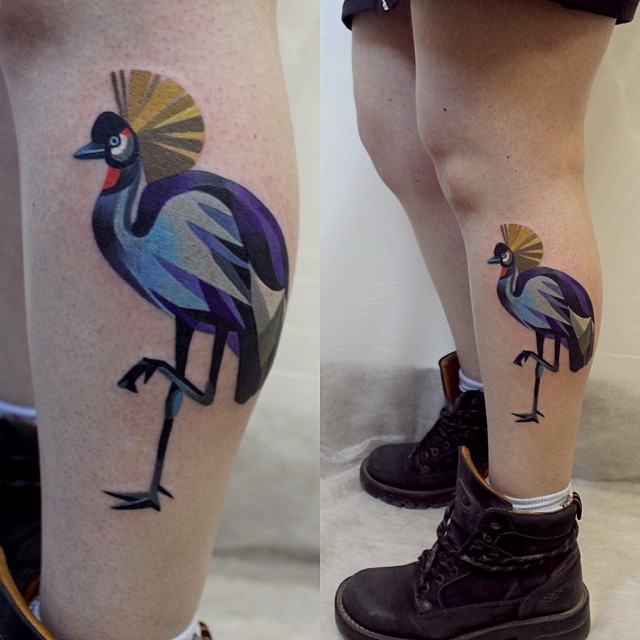 Crowned crane tattoo on the calf