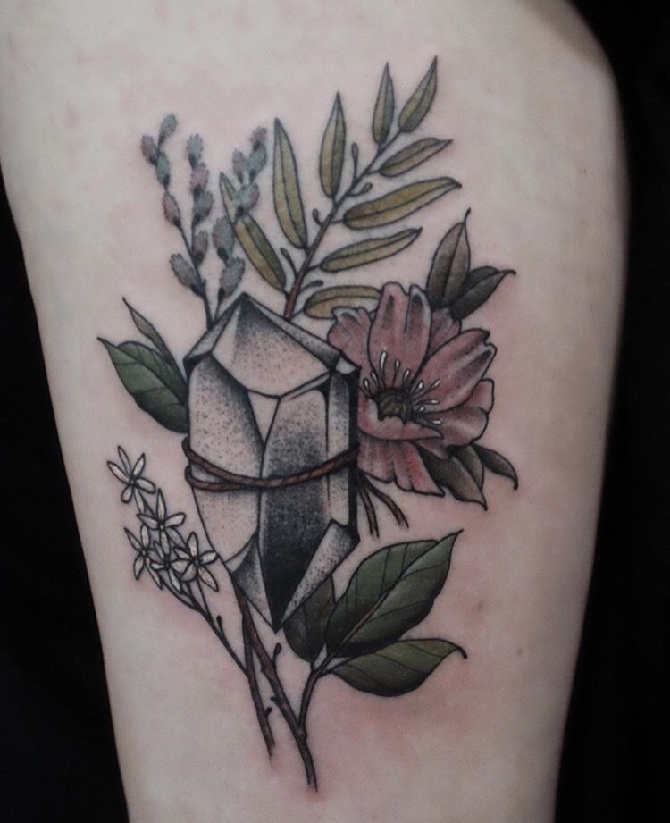 Crystal and wildflowers tattoo