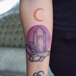 Crystals, purple circle and crescent moon tattoo