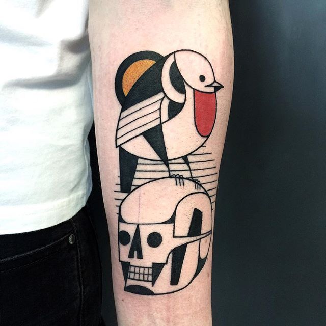 Cubism skull and bird tattoo by luca font