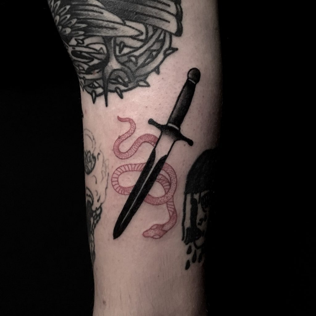 Dagger and snake tattoo by berkin donmezz