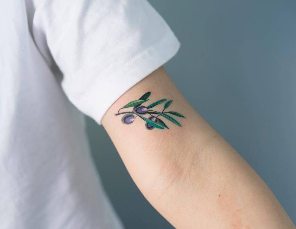 Delicate olive branch tattoo on the bicep