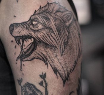 Dotwork wolf tattoo by lindsay april