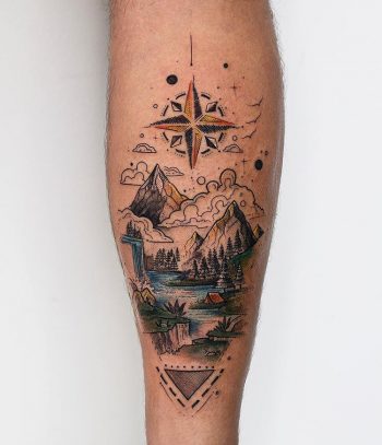 Dreamy landscape and compass rose tattoo