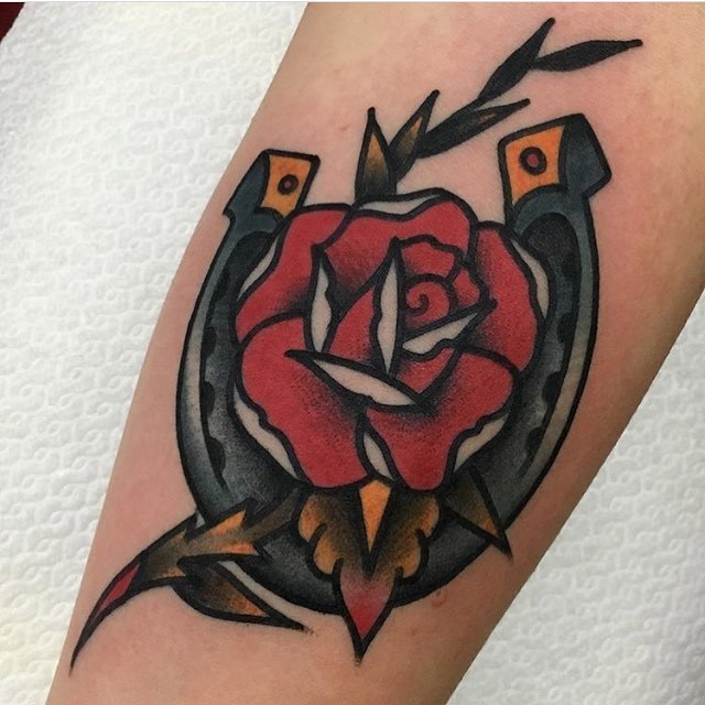 Horseshoe and rose tattoo by jeroen van dijk