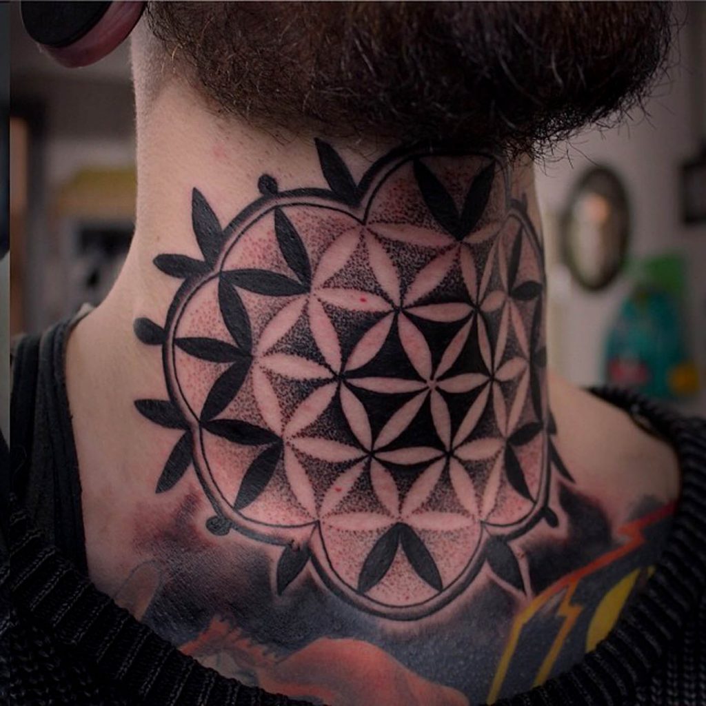 Black and grey sacred geometry pattern tattoo on the neck - Tattoogrid.net.
