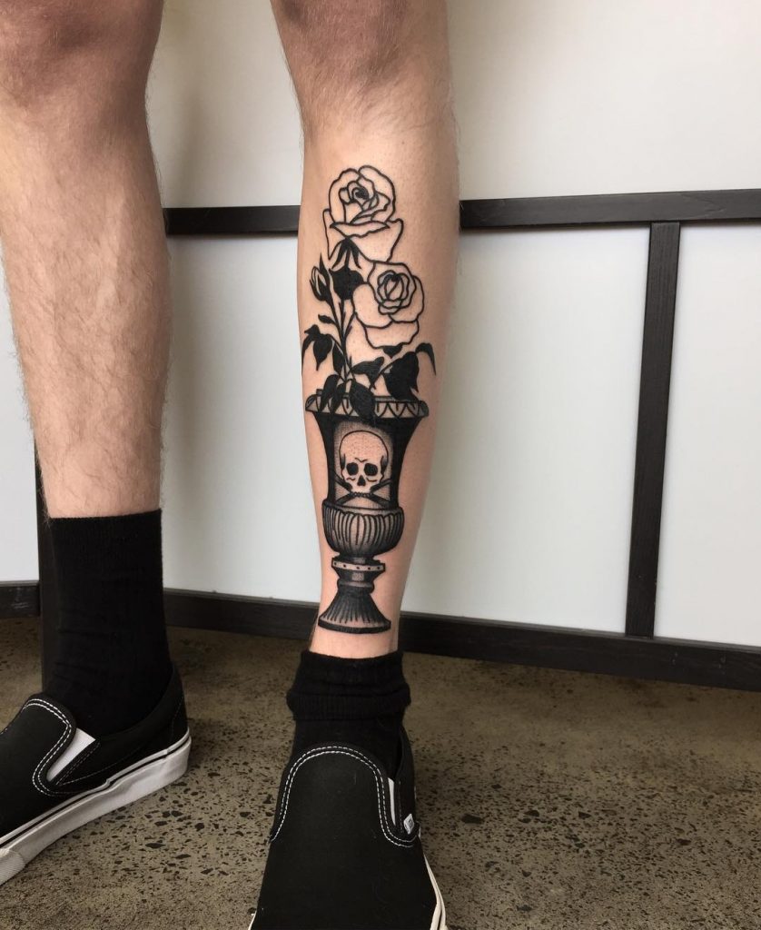 Skull vase and rose tattoo