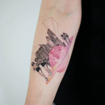 Surrealist collage tattoo by tattooist doy