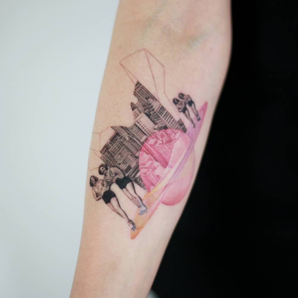 Surrealist collage tattoo by tattooist doy