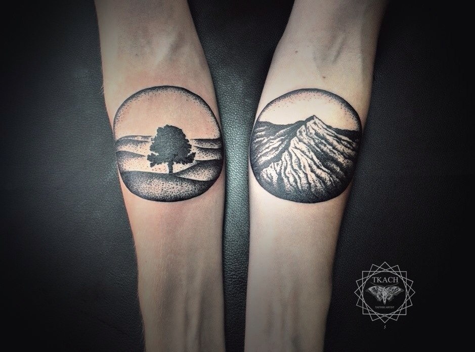 Tree and mountain tattoos