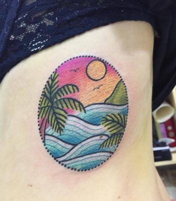 Tropical landscape tattoo on the rib