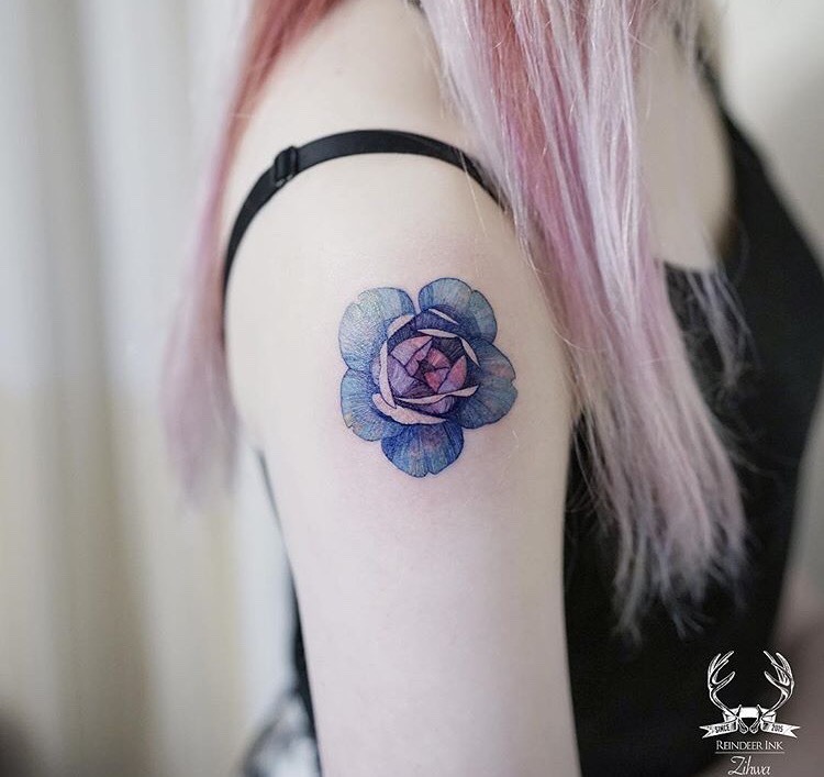 Watercolor blue rose tattoo
