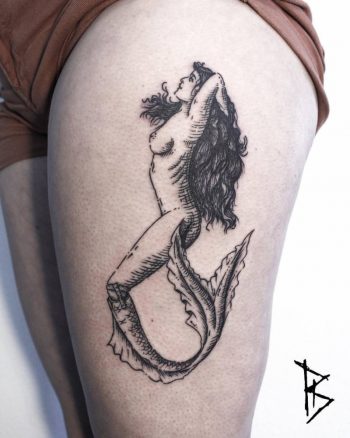 Woodcut style mermaid tattoo