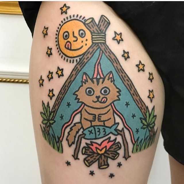 Camping cat tattoo