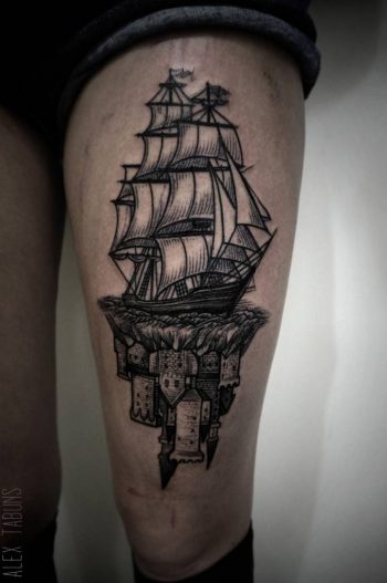 Castle and ship tattoo