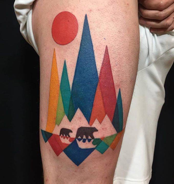 Colorful mountains and bears tattoo