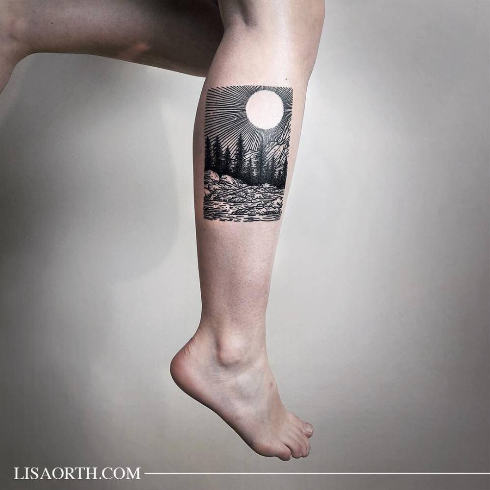 Landscape tattoo on the calf by lisa orth