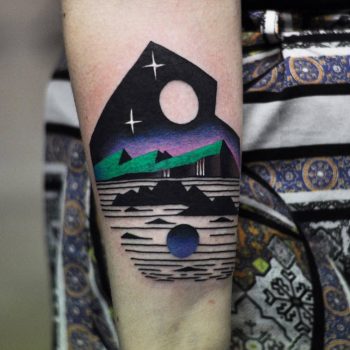 Nostalgic landscape tattoo by david côté